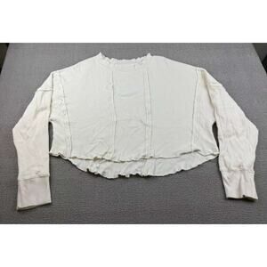 We The Free Thermal Top Women S White Waffle Knit Long Sleeve Raw Hem‎ Cropped
